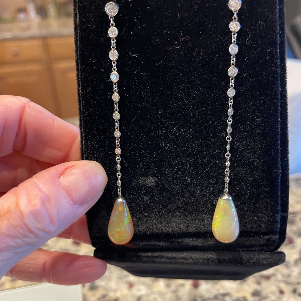 Art Deco Style Opal and Diamond Shoulder Duster Earrings EXCELLENT Condition